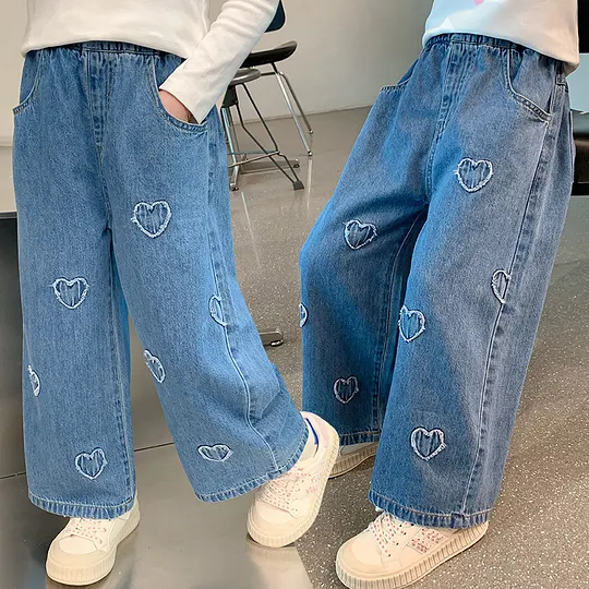 【18M-7Y】Girls' Straight-Leg Heart Casual Denim Pants