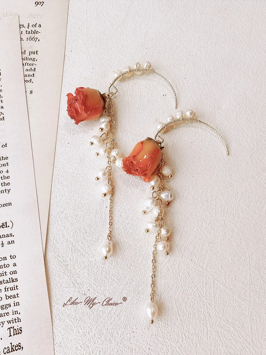 LikeMyChoice® Pressed Flower Earrings - Pearl Dried Rose Flower