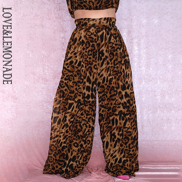 Plus Size Mid-Rise Leopard Chiffon Wide Leg Pants LM81498PLUS - BlackFridayBuys