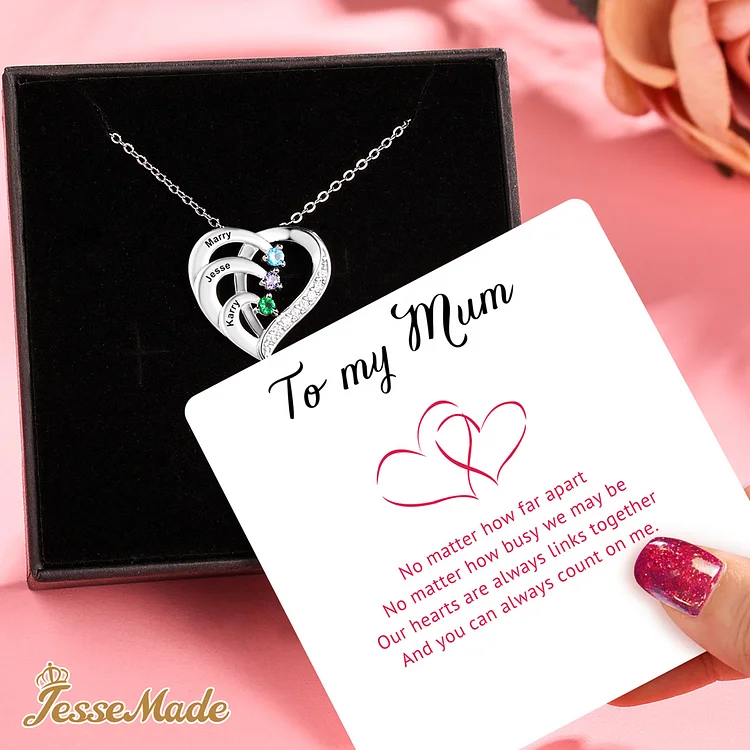 Personalized Mother Necklace 3 Stones Engraved 3 Names Birthstone Intertwined Heart Pendant Gifts for Her