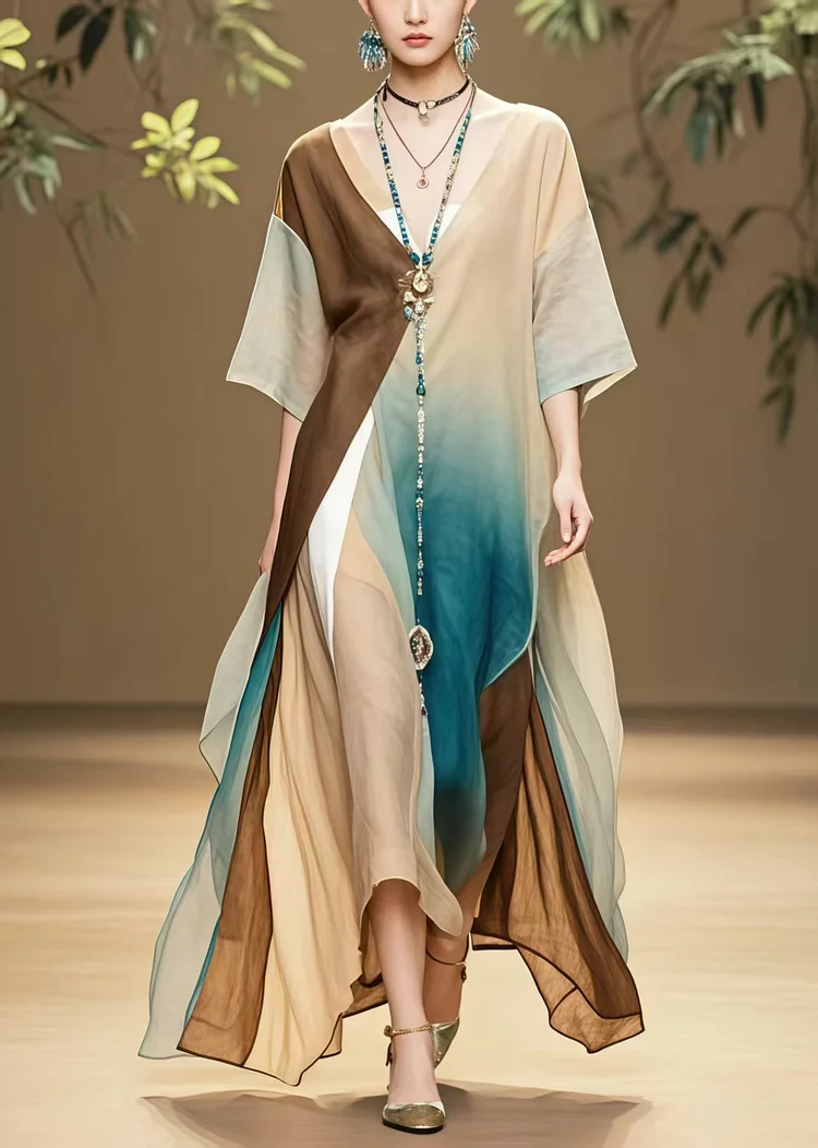 Loose Colorblock Asymmetrical Design Cotton Maxi Dresses Summer