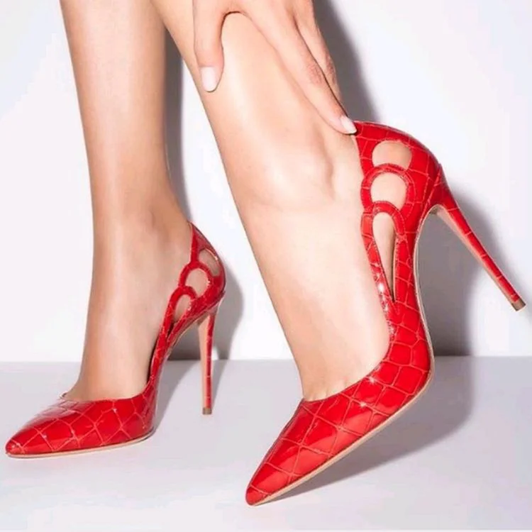 Elegant Croco Embossed Stiletto Heels Hollow Out Party Red Pumps |FSJ Shoes