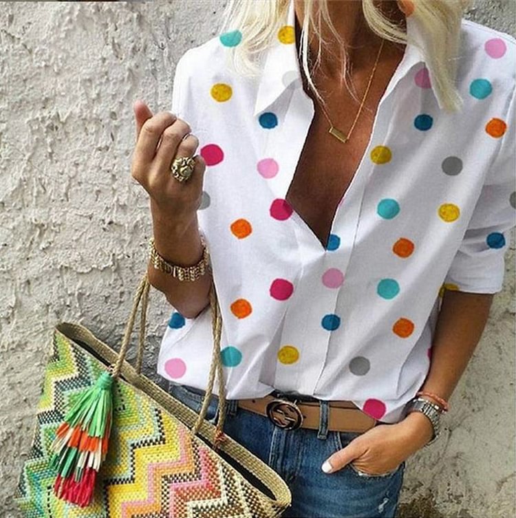 VChics Casual Colorful Polka Dots Long Sleeve Blouse