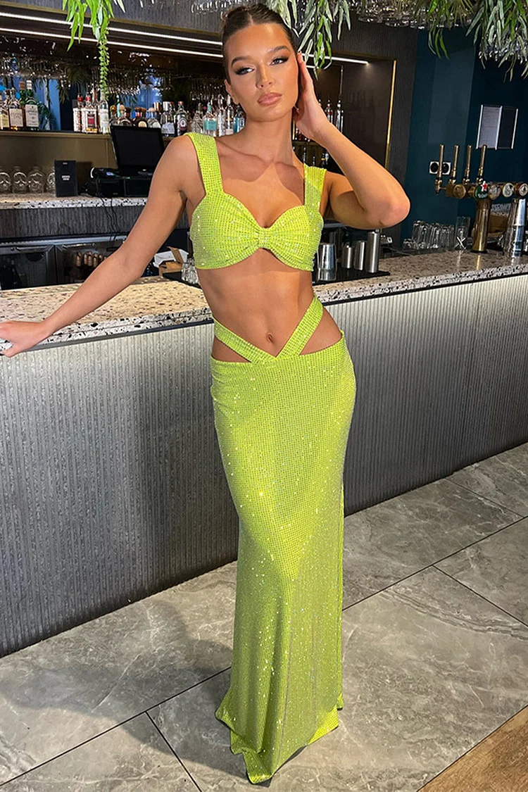 Sequin Ruched Cut Out Two Piece Skirt Set-Light Green