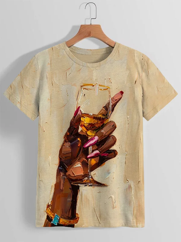 Women's Elegant Drinking Oil Painting Art Print Casual T-Shirt