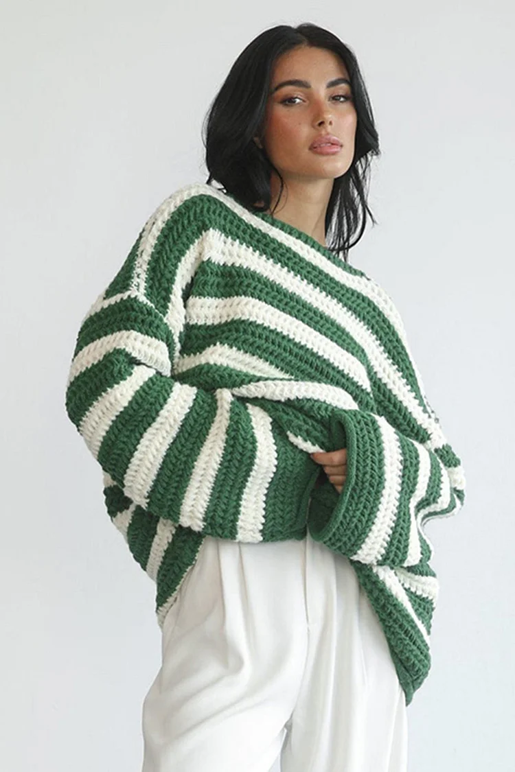 Striped Colorblock Knit Long Sleeve Casual Sweater-Green