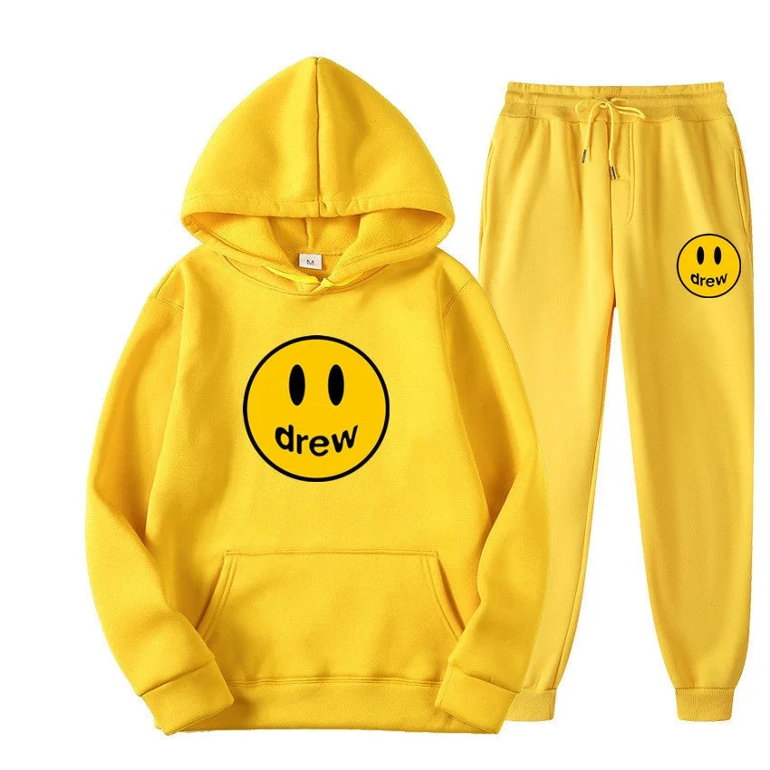 Drew Smiley Face Sweatsuit Plush Thickened Sportswear Hoodie Set Solid