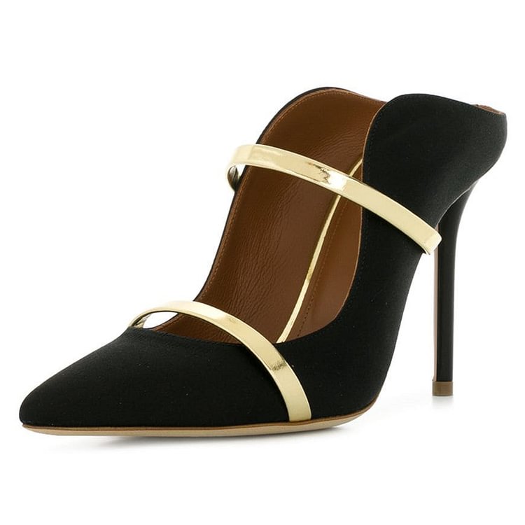 Black and Gold Double Straps Stiletto Heel Mules |FSJ Shoes