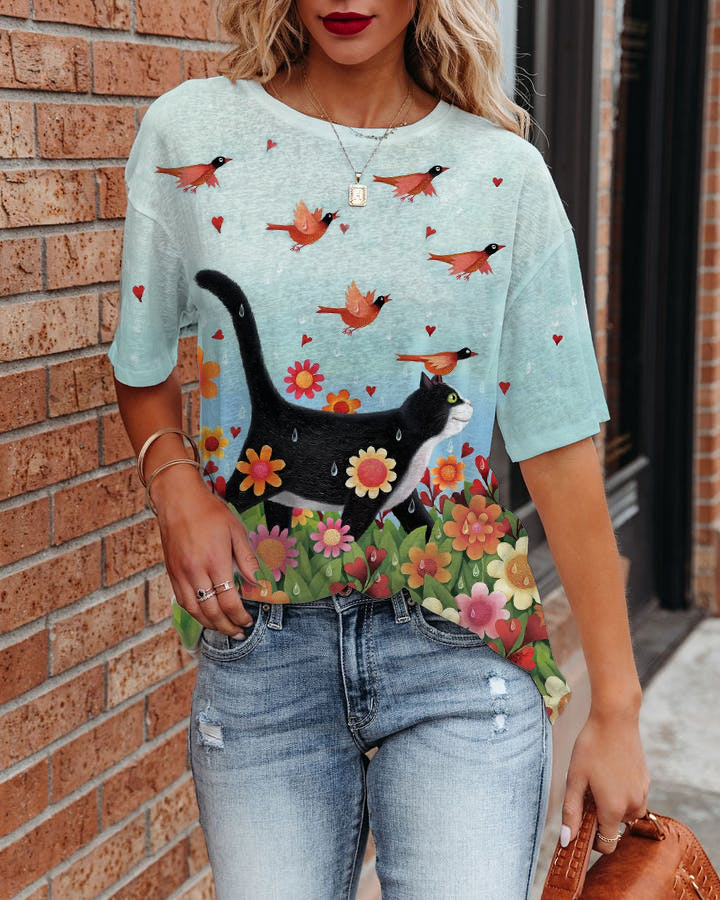 Cat In Rainy Day Print T Shirt