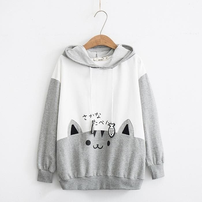 Grey/Black Kawaii Cat Fish Hoodie Jumper SP13432
