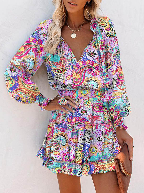 Flower Print Split-Joint A-Line Sleeveless V-Neck Maxi Dresses