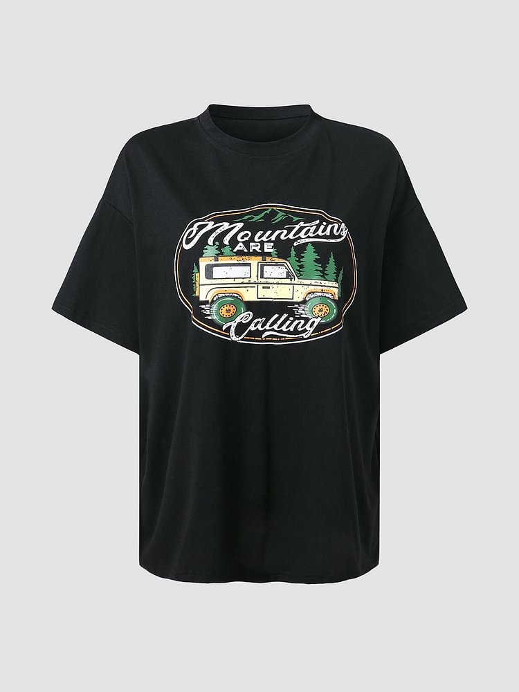 Cartoon Car Letters Graphic Loose Short Sleeve T-shirt