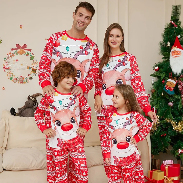 Christmas Elk String Lights Cartoon Print Family Matching Pajamas Set