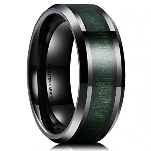 Women's Or Men's Tungsten Carbide Wedding Band Matching Rings,Black with High Polish Green Wood Inlay and Beveled Edges Ring With Mens And Womens 8MM