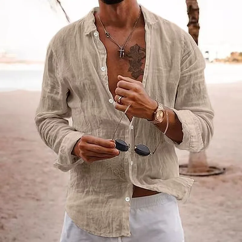 Men's Solid Color Lapel Casual Long Sleeve Cotton Linen Shirt、、URBENIE
