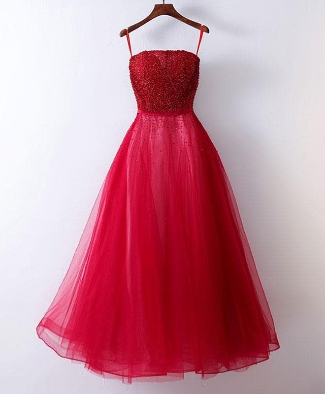 Burgundy Strapless Tulle Long Prom Dress, Burgundy Evening Dress