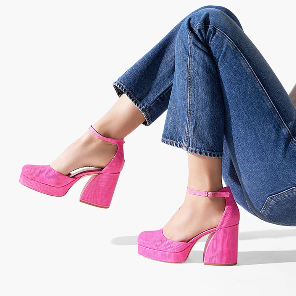 Pink Square Toe Ankle Strap Shoes Classic Block Heels Platform Pumps  Nicepairs