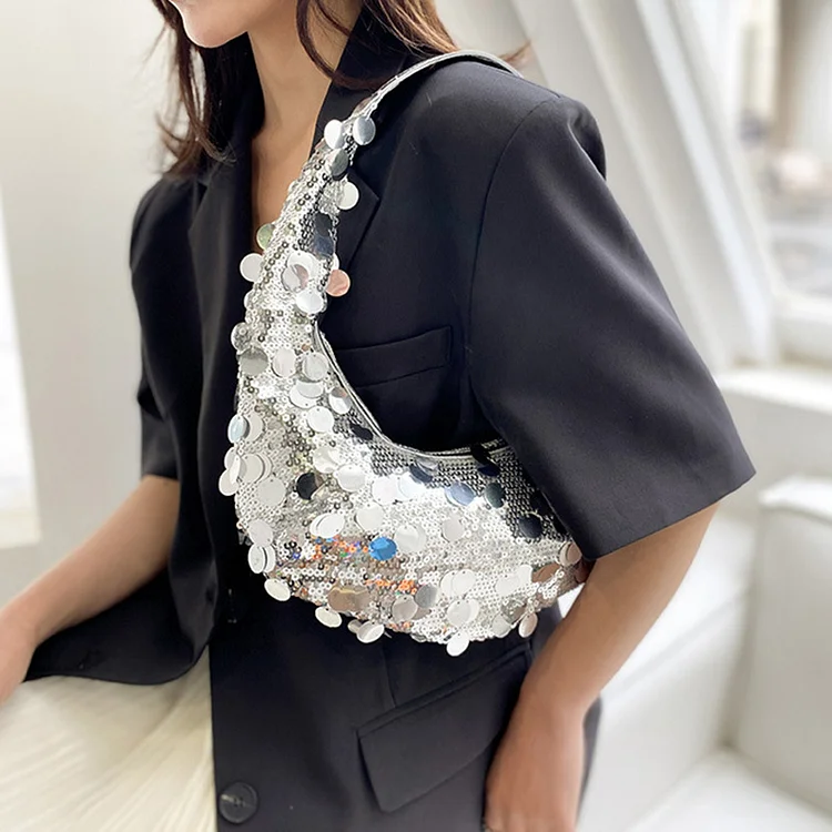 Dinner Zipper Sequin Shoulder Bag-Silver