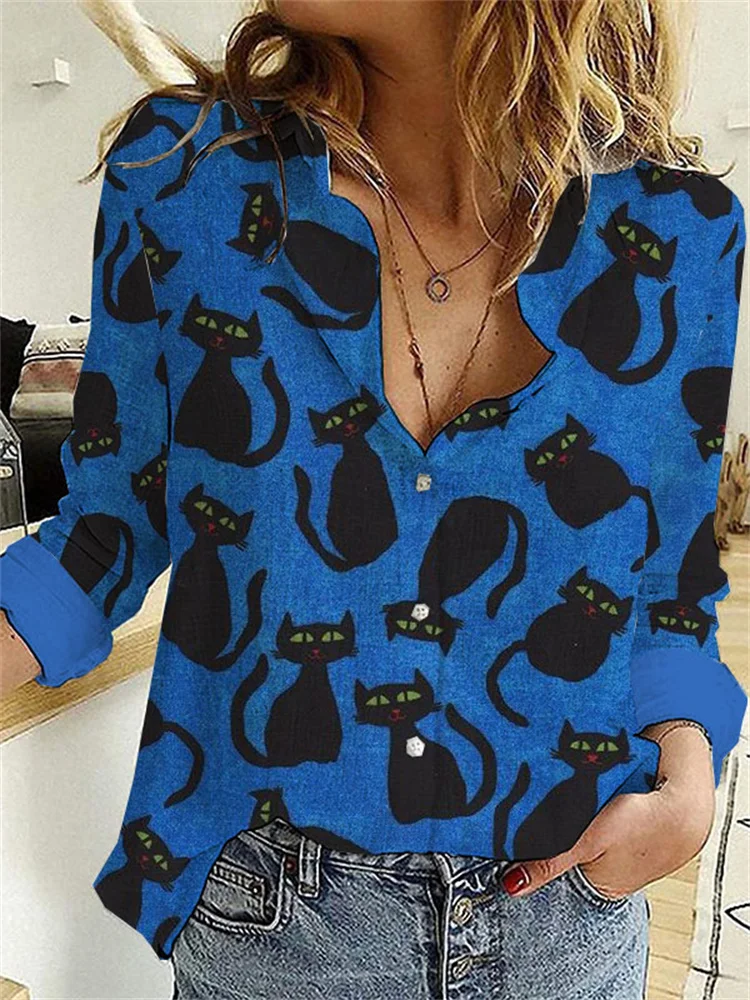 Halloween Cat Contrast Color Blouse