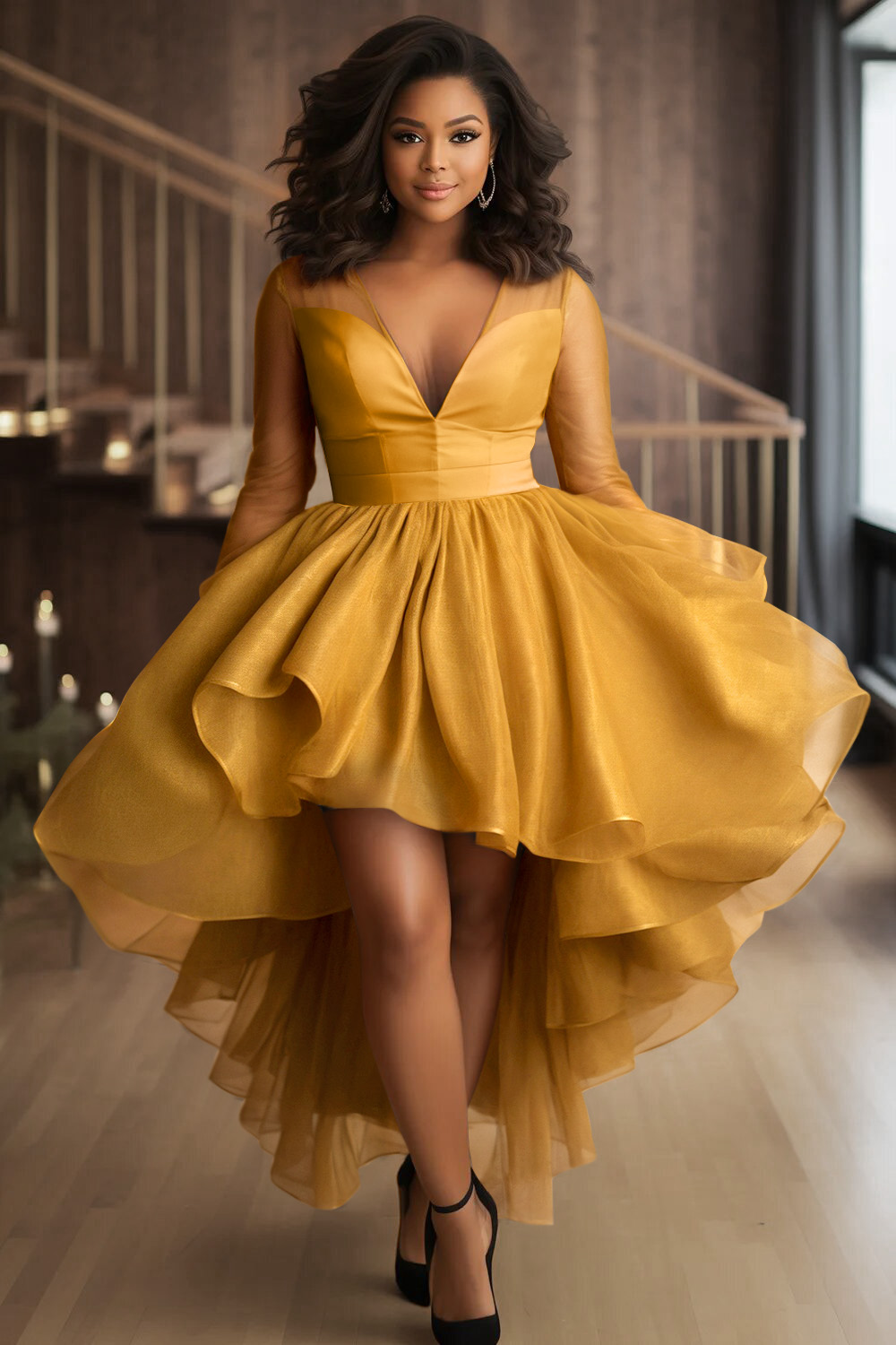 Produit : Xpluswear Design Plus Size Cocktail Party Black V Neck Long Sleeve High Low Hem Ruffle Tulle Mini Dresses