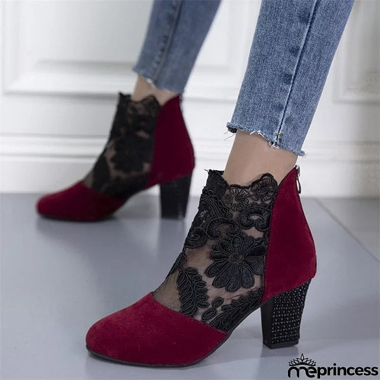 Sexy Lace Back Zipper Chunky Heels Pumps for Women