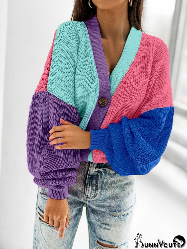 Women's Casual Patchwork Colour Bright Woolen Knitted Long-Sleeve Cardigan Top