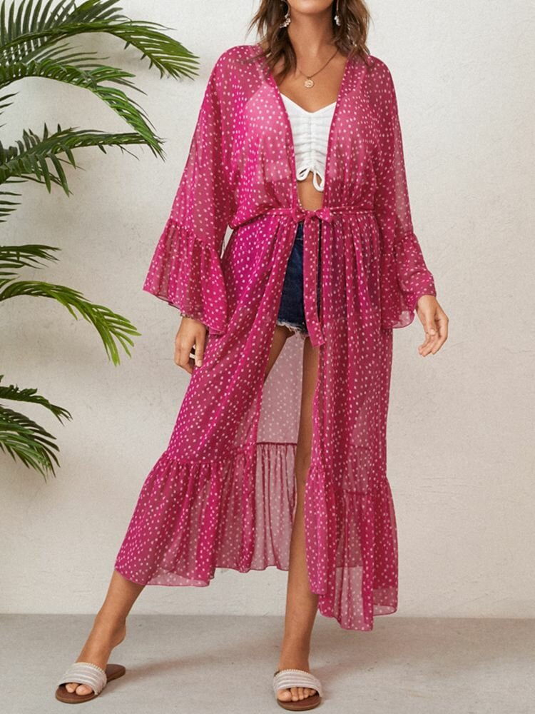 Dot Print Knotted Long Sleeve Summer Holiday Chiffon Kimono P1858132