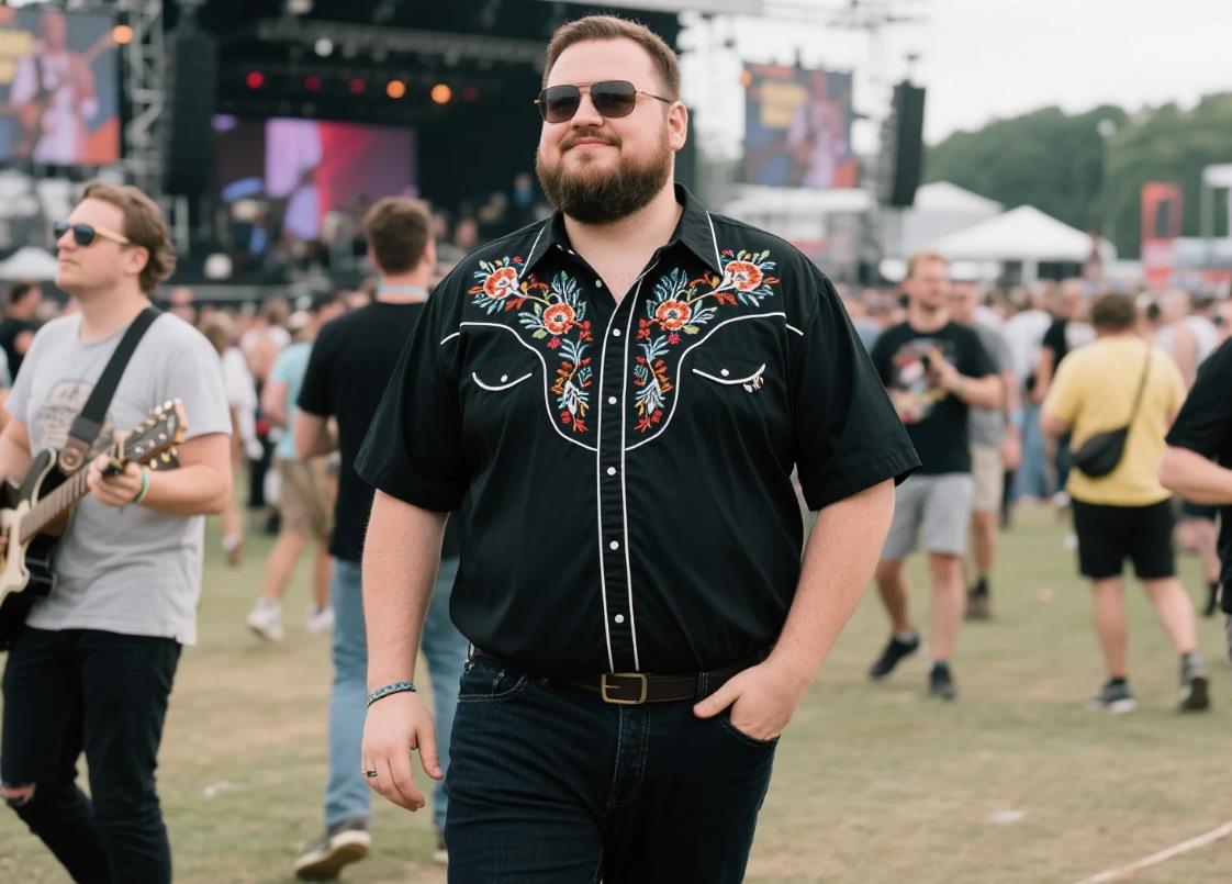 A men enjoy music festival with big and tall stylish Western shirts