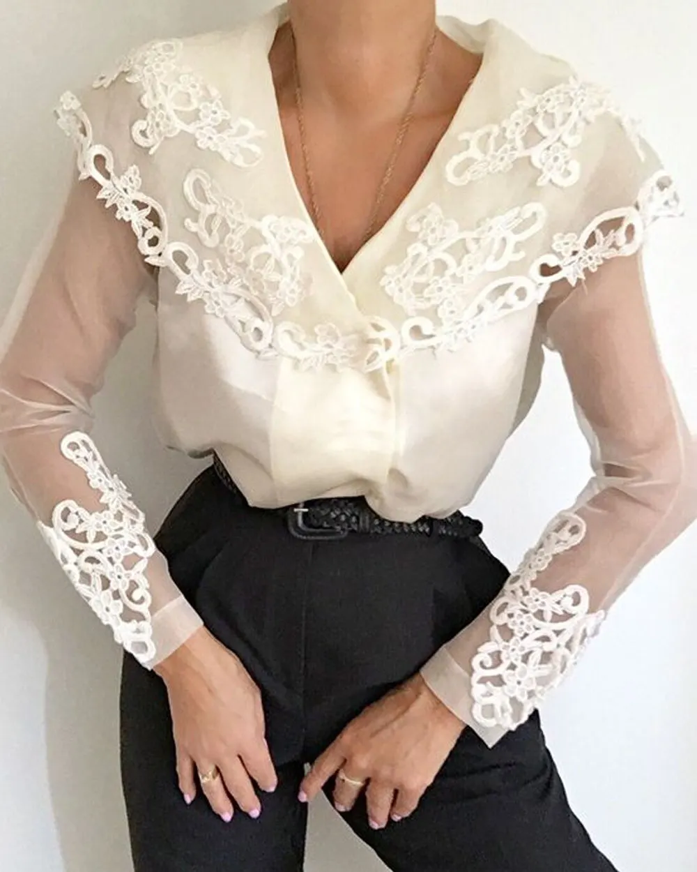 Satin Collar Long Sleeve Blouse