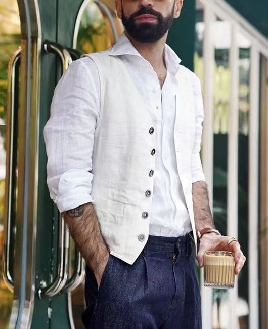 Casual Plain Single Breasted Cotton Blazer Vest