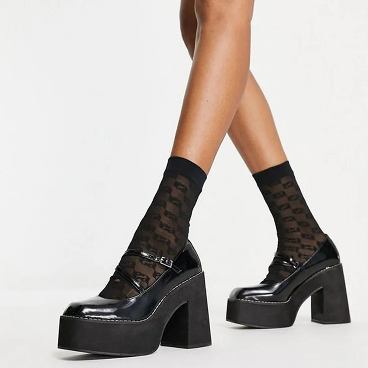 Black Patent Leather Chunky Heel Vintage Platform Mary Jane Pumps Vdcoo