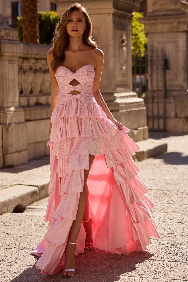 Lussooy Stunning Sleeveless Pink Beaded Sweetheart Split Prom Dress with Ruffles
