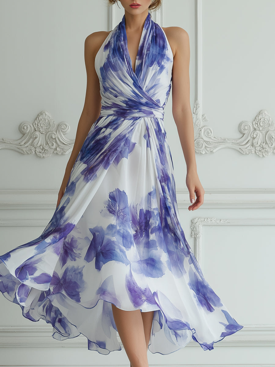 purple halter midi dress Neck Wrap Watercolor Floral Print Pleated halter maxi dress