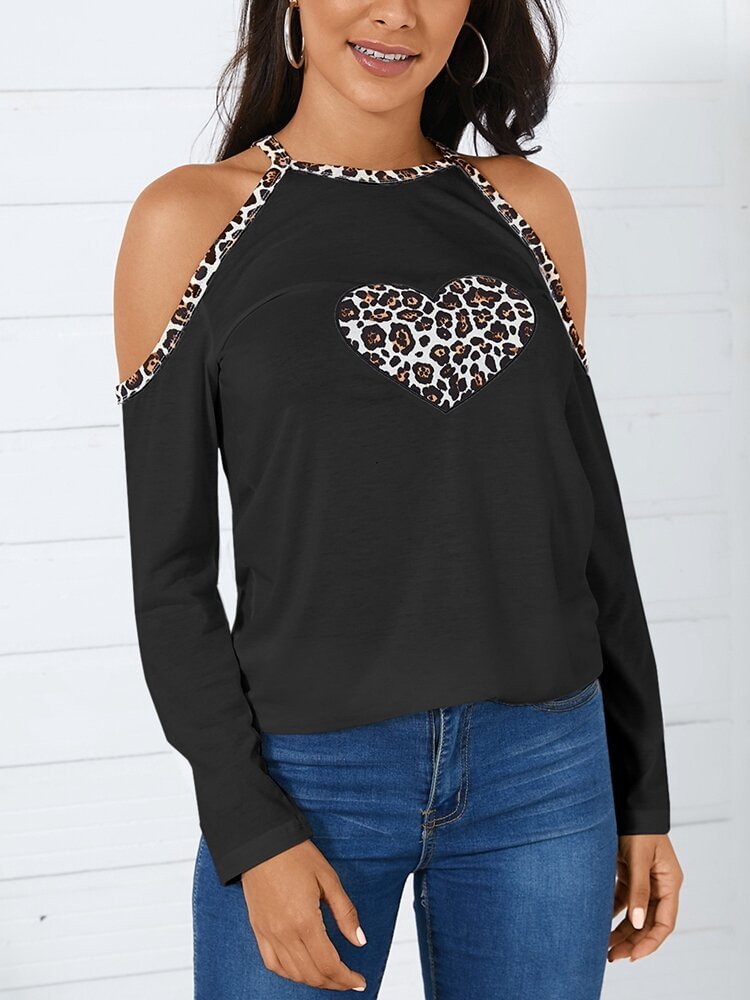 Leopard Print Patchwork Off Shoulder Casual Blouse For Women P1755150