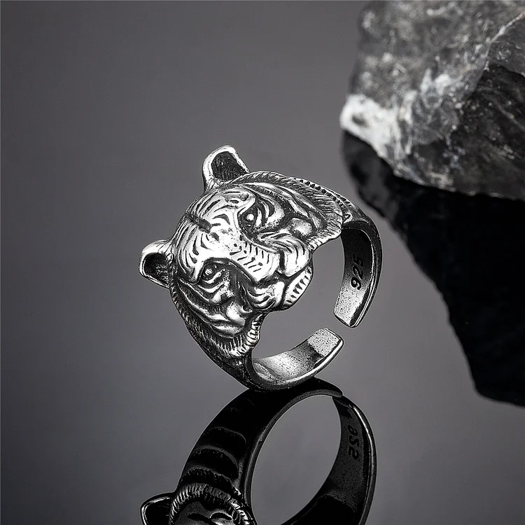 S925 Hip Hop Tiger Head Silver Ring