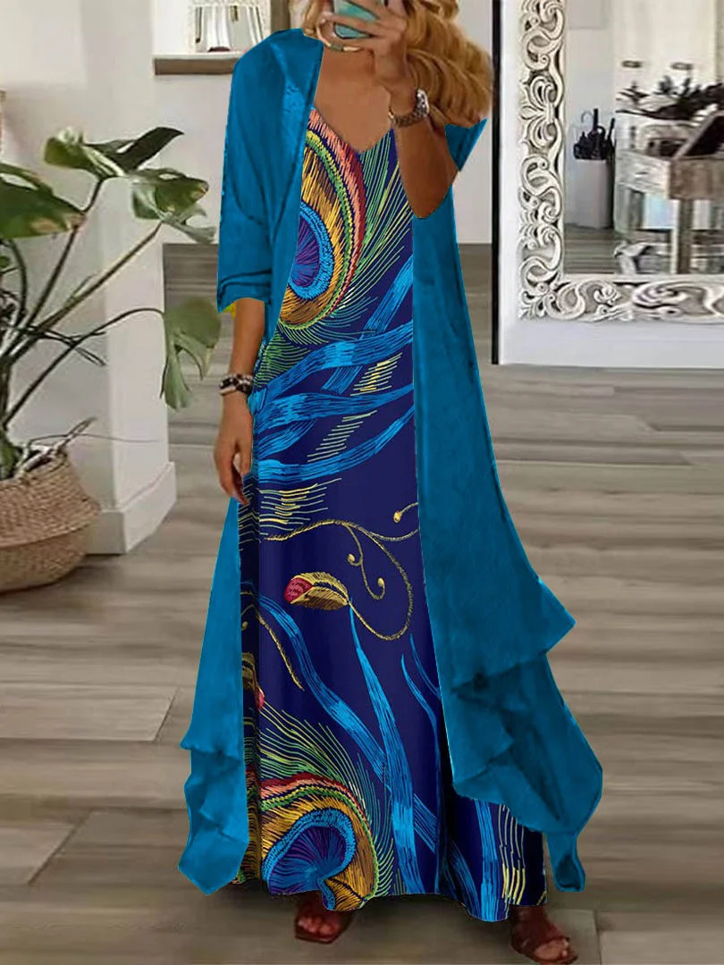 Women's Long Sleeve V-neck Graphic Printed Two Pieces Maxi Dress