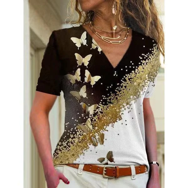 Fashion and casual printing trendy V-neck T-shirt