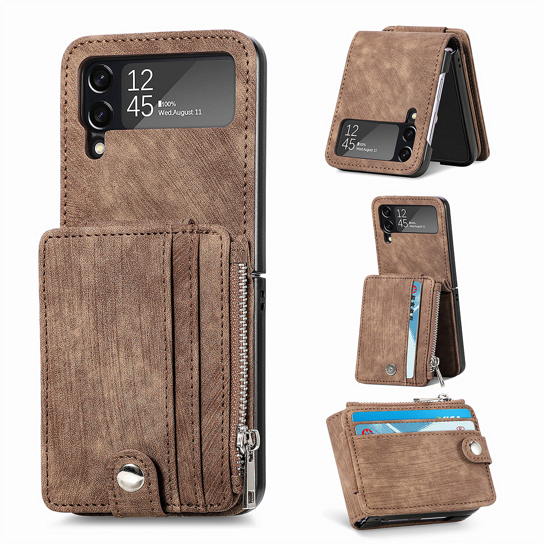 Anti-Drop Retro Leather Phone Case With Detachable 3 Cards Holder And Zipper Wallet For Galaxy Z Flip3/Z Flip4/Z Flip5
