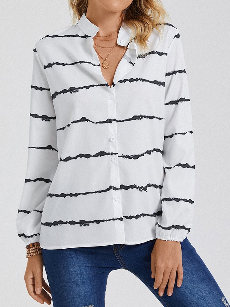 Women Button Stripe Print Long Sleeve Stand Collar Casual Blouse P1834629