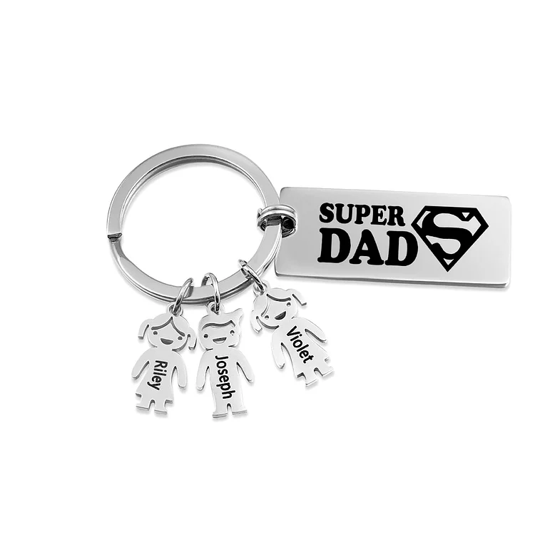 Father's Day Gift Personalized Super Dad Keychain Engraved 3 Kid Charms