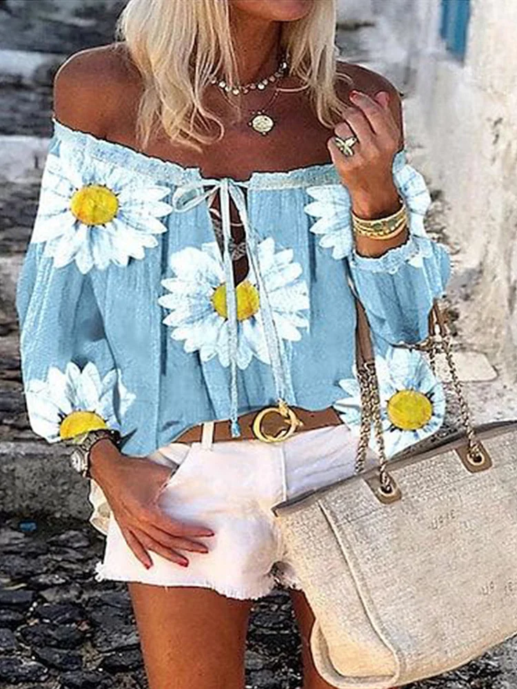 Casual Floral Tie Front Off Shoulder Long Sleeve Shirt