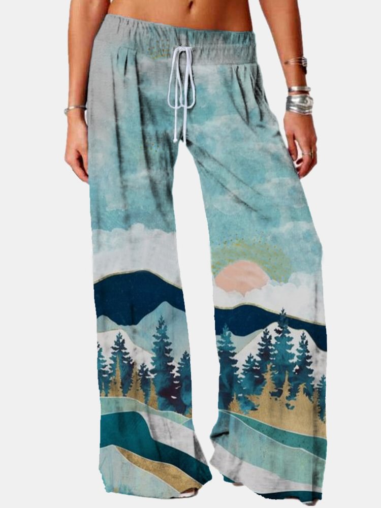 Landscape Art Series Printed Elastic Waist Wide-Leg Pants