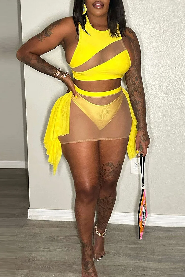 Mesh Patchwork Crop Tank Top See Through Ruffled Side Mini Skirt Swimsuit Tankinis Three-Piece Set