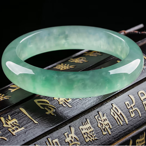 High Standard Burmese Ice Jade Bracelet Bangle with Floating Green and Light Green Colors and "Flower-In-Mirror" Design