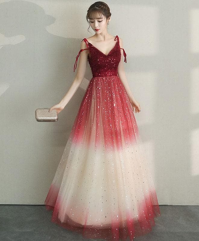 Unique Tulle Burgundy Long Prom Dress, Burgundy Tulle Evening Dress