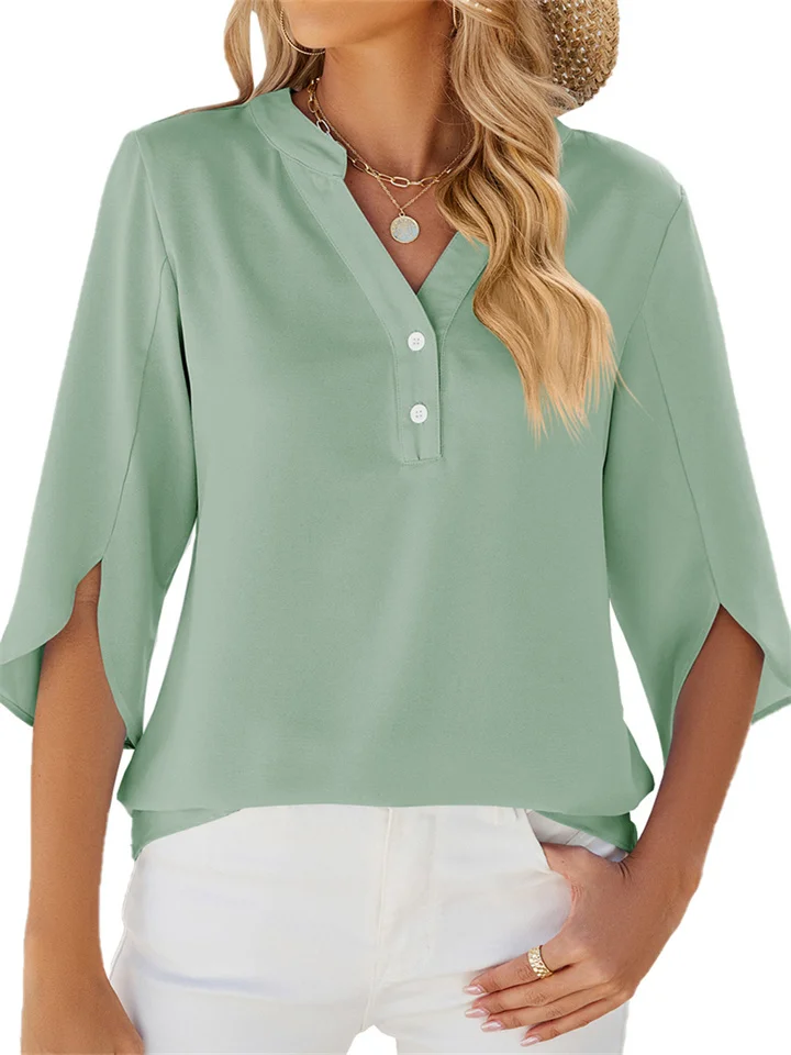 Summer New Solid Color V-neck Mid-sleeve Chiffon Blouse Ladies Chiffon Shirt Solid Color Blouse-JRSEE
