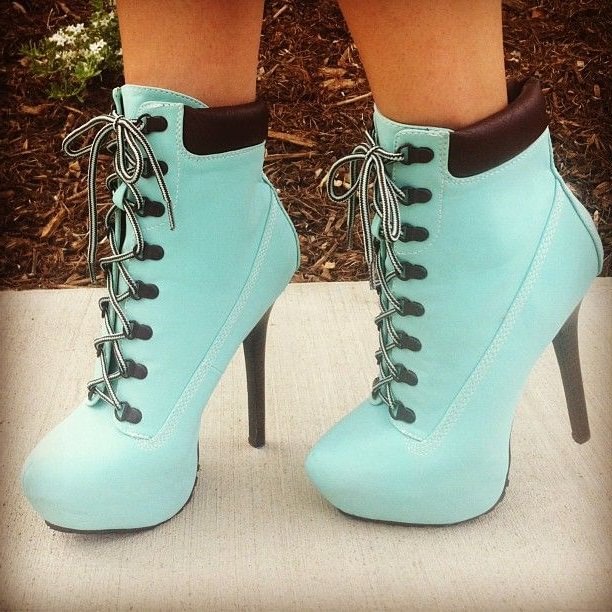Cyan Lace up Boots Stiletto Heel Ankle Booties with Platform |FSJ Shoes