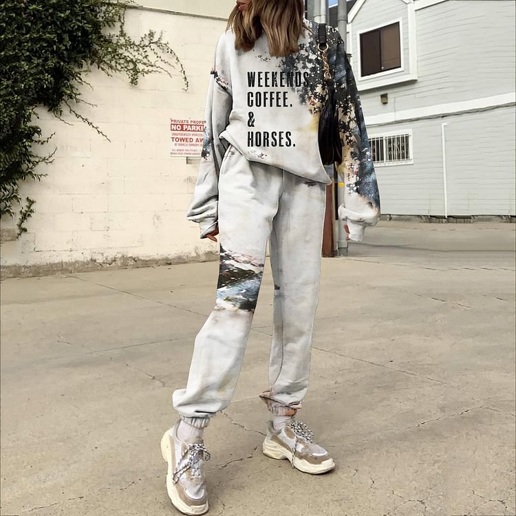 VChics Weekends Coffee Horses Letter Print Sweatshirt Two Piece Set