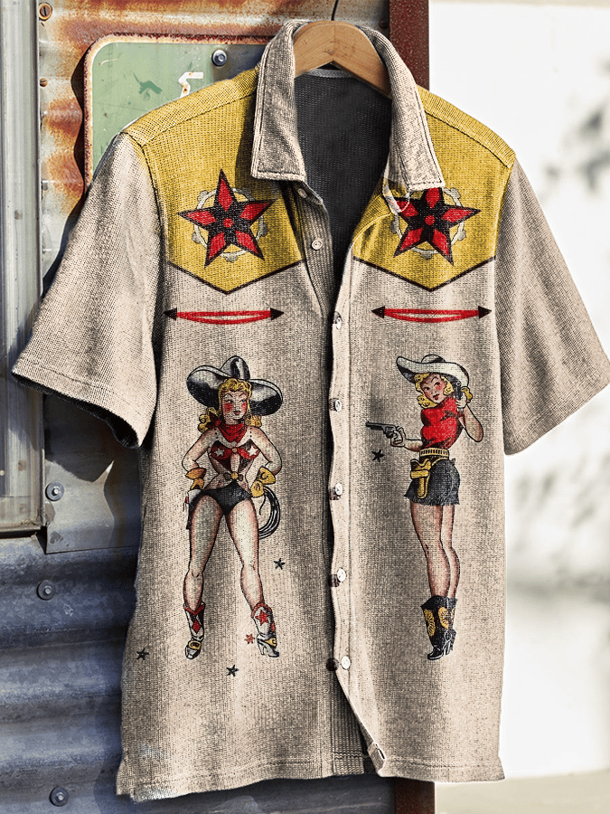 Men's Vintage Western Skull Floral Print Waffle Shirt socialshop