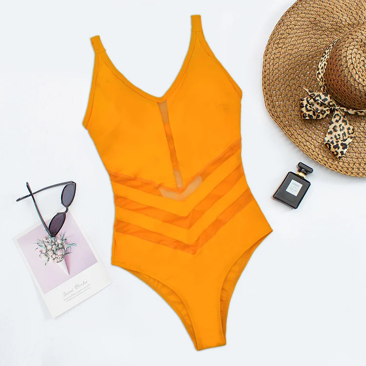 Solid Color Mesh Hollow Sexy Backless One-Piece Swimsuit